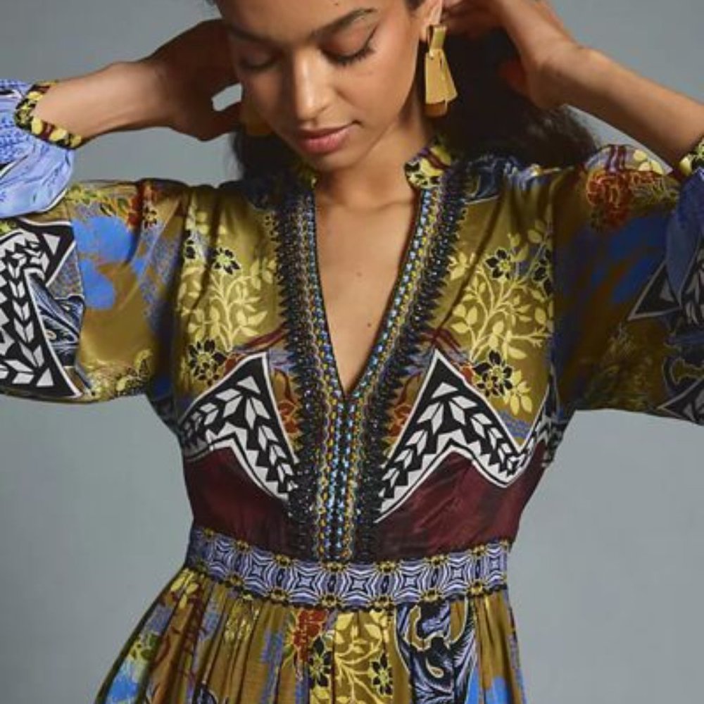 NWOT Anthropologie FALL BOHO Bhanuni by Jyoti Patterned Maxi SKY Dress - Picture 2 of 9